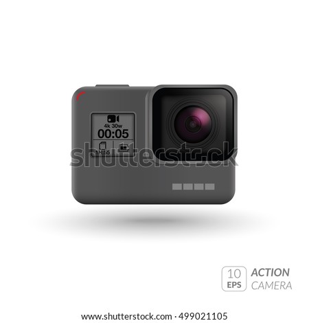 Action extreme camera vector illustration Eps symbol. New model photo, video camera equipment for filming extreme sports. Realistic vector illustration isolated on white background.