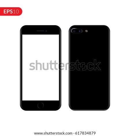 Smartphone, mobile, phone mockup isolated on white background with blank screen. Back and front view realistic vector illustration phone with black color.