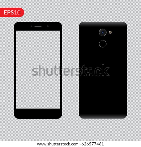 Smartphone, mobile phone on isolated transparent background, Photo realistic vector illustrations modern phone with black color. Front and back view mockup template.