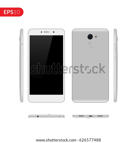 Smartphone, mobile phone on isolated background, Photo realistic vector illustrations modern phone with grey color. Front, back and form the side view mockup template.