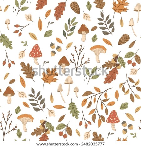 Vector seamless pattern with autumn leaves and mushrooms, perfect for seasonal textiles, wallpaper, wrapping paper, greeting cards, and home decor. Ideal for adding a cozy autumn touch to any creative