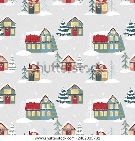 Vector seamless pattern with cute Christmas houses, perfect for holiday textiles, wrapping paper, greeting cards, and home decor. Ideal for adding a festive and cozy touch to seasonal projects 