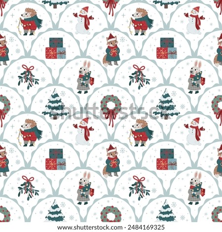 Seamless Christmas pattern with trees and cute animals. Ideal for fabric, printing on paper, cards, posters, and more. Perfect for adding a festive touch to holiday decor and seasonal projects.