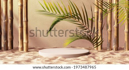 Bamboo, tropical leaves and beach sand stylized scene decoration for product presentation, 3d rendering summer abstract background