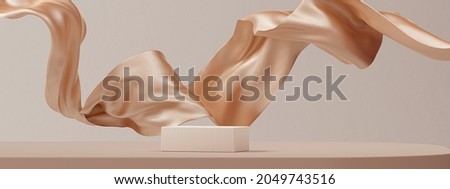 Luxury background for branding and product presentation. Beige color podium on gold fabric flying wave. 3d rendering illustration. Stock foto © 
