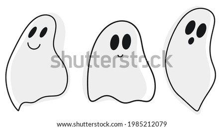 Halloween Ghost Silhouette Set, Ghost Collection, White Background, Vector Illustration, Doodle Style, Line Illustrations, color spots