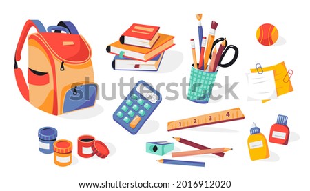 School supplies: backpack, pencils, brushes, paints, ruler, sharpener, stickers, calculator, books, glue. Back to school.