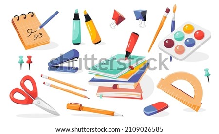 School supplies: notebooks, pens, pencils, eraser, paints, brushes, stapler, scissors, markers, protractor, notepad. Back to school.