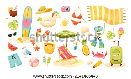 Big summer set. Summer set of cute elements: swimsuit, sunglasses, sun lounger with umbrella, swimming circle, hat, 
starfish, fruit, ice cream, fins and mask, surfboard. Cartoon vector illustration

