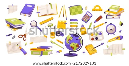 Office supplies. Stacks of books, notebooks, writing supplies for the office and school. Back to school. Flat vector illustration
