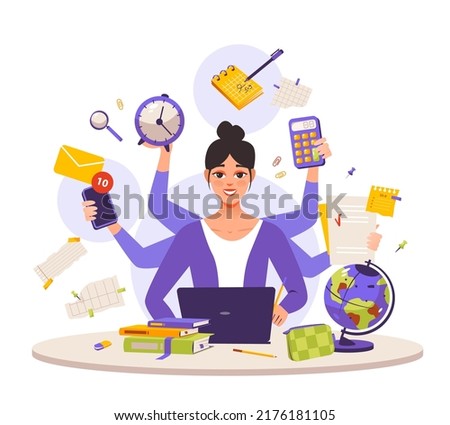 Multitasking, personal productivity. A multitasking business woman at a laptop, busy working in the office. A busy girl who has a lot of hands to do multiple tasks at the same time. Freelance worker. 