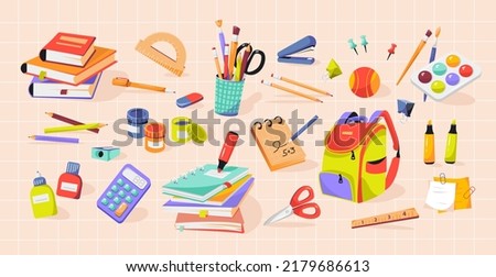 School supplies. Stacks of books, notebooks, writing supplies for the office and school. Back to school. Flat vector illustration
