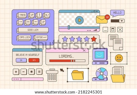 Browser windows in the vaporwave style of the 80-90s. Desktop PC with message windows and pop-up user interface elements. Old user interface and the keyboard . Vector illustration
