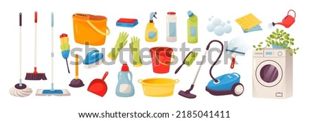 
Cleaning. Icons of tools for cleaning the house and office. Washing machine, vacuum cleaner, detergents and cleaning products for cleaning. Housework concept. Vector illustration isolated 