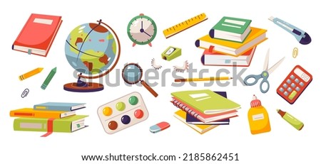 School supplies. Stacks of books, notebooks, writing supplies for the office and school. Back to school. Flat vector illustration