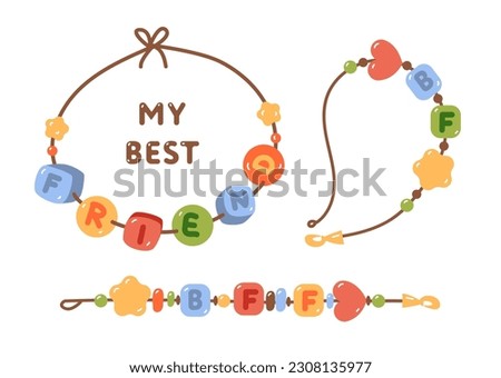 Best friend bracelet. Handmade beads bracelet. Cartoon 90s funky bracelets. Old Friendship bands with letters. Hand drawn vector illustration