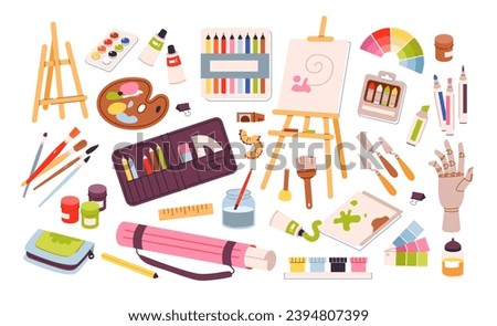 Art supplies for drawing set. Painting tools and art class studio supplies. Painters equipment, drawing stationery. Flat vector illustration