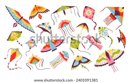 Flying wind kites of different different shape set. Kids paper kite toys with ribbon and tailtoys. Makar Sankranti. Flat vector illustration 