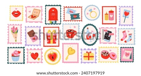 Postage stamps for Valentine's Day. Valentine's day set of cute elements. February 14, love concept. Vector illustrations
