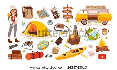 Bundle hiking collection. Hiking camping items. Tourist with backpack and travel items. Cartoon vector illustration