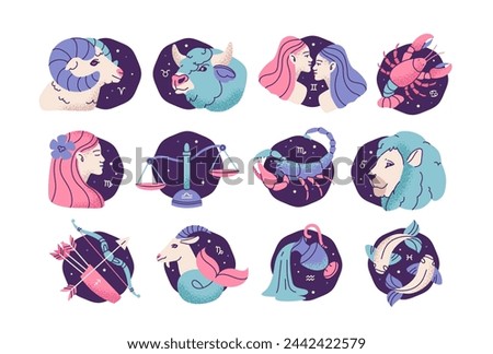 Zodiac constellations. Zodiac signs icons set. Astrological horoscope icons. Vector signs isolated on white background