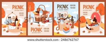 Autumn picnic party invitation template set. Picnic baskets filled with goodies against a vibrant autumn backdrop. Flat vector illustration