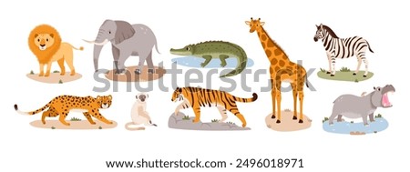 Safari animals set. Wild jungle animals. Flat vector savannah characters isolated on white background.