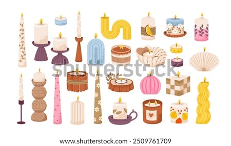 Various candles set. Scented candles of different shapes for a cozy atmosphere. Aromatherapy and relaxation. Flat vector illustration.