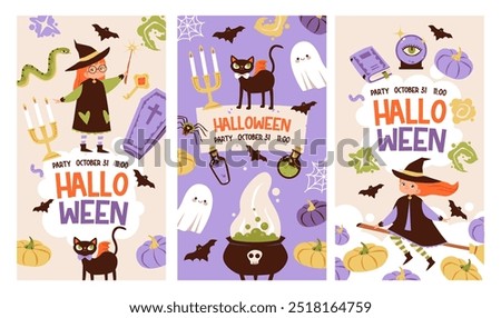 Halloween party template for social networks.  Children in funny and scary witch, ghost and monster costumes. Festive background, postcard for event invitation. Halloween web banner.