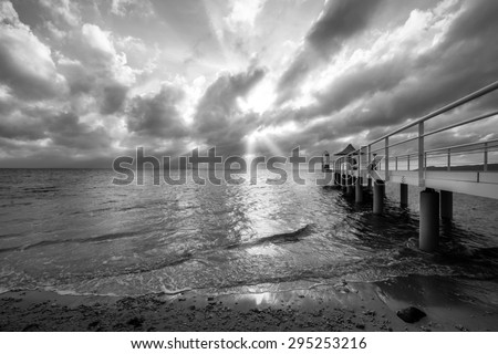 A black and white moment at the corner Gazebo\'s dock of Ishigaki island in Okinawa