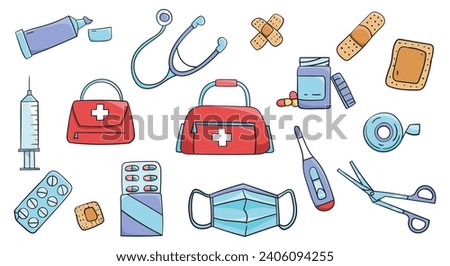 Medical equipment element set of colored doodle vector illustrations. Medical bag, stethoscope, syringe, scissors, pill blister, thermometer, band aid, pill capsules, face mask, cream tube, tape.