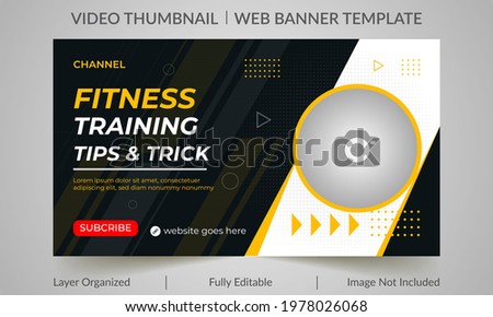 Fitness gym training class thumbnail design for any videos. Fitness gym customizable video thumbnail and web banner template. Video cover photo template for social media