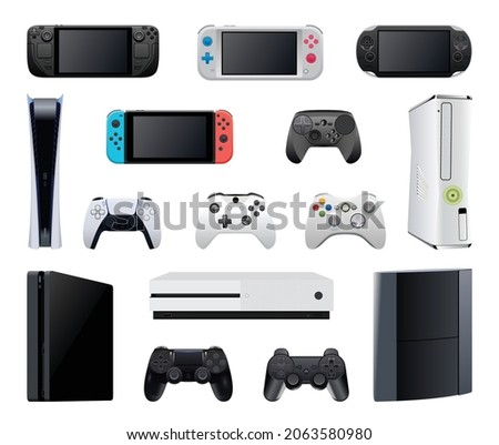 Set of realistic game consoles isolated on white background.