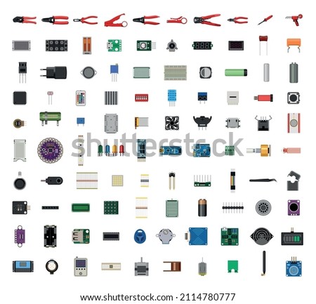 Detailed collection of electronic components and tools in a realistic style.