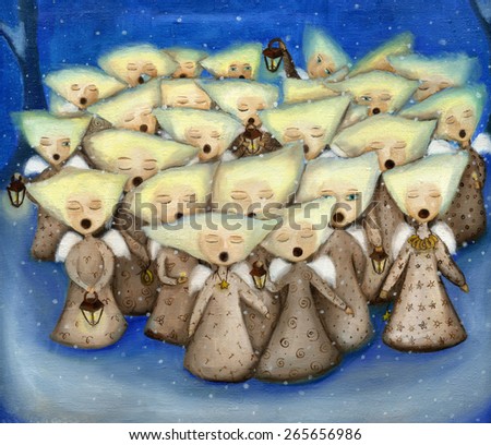 Small angels singing christmas song on the blue background.
