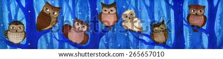 Seven owlets in the deep forest on dark blue background.