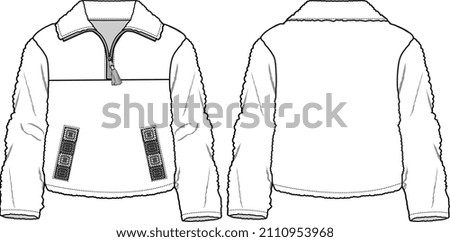 KIDS WEAR CRAFTED HALF ZIP FLEECE JACKET AND SWEAT TOP VECTOR FLAT FRONT AND BACK SKETCH