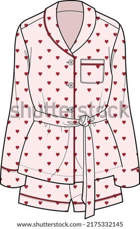 WOMEN AND GIRLS NIGHT WEAR HEART PATTERN BELTED PAJAMA SET VECTOR