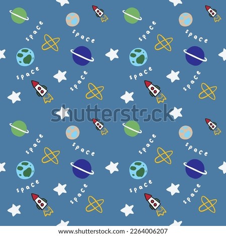 SPACE PLANET STARS ROCKETS GALAXY MOTIF CONVERSATIONAL SEAMLESS PATTERN VECTOR