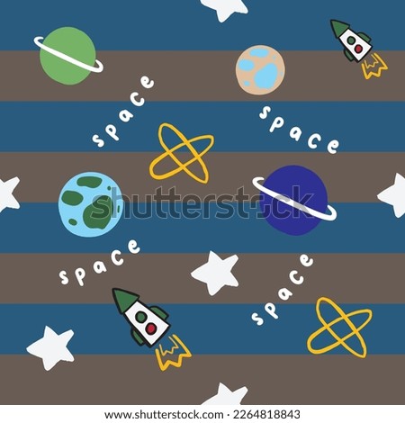 SPACE PLANET STARS ROCKETS GALAXY MOTIF CONVERSATIONAL WITH STRIPE DETAIL BACKGROUND SEAMLESS PATTERN VECTOR