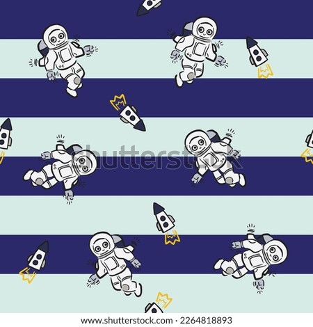 SPACE ASTRONAUT ROCKET MOTIF CONVERSATIONAL WITH STRIPE DETAIL BACKGROUND SEAMLESS PATTERN AND BACKGROUND VECTOR