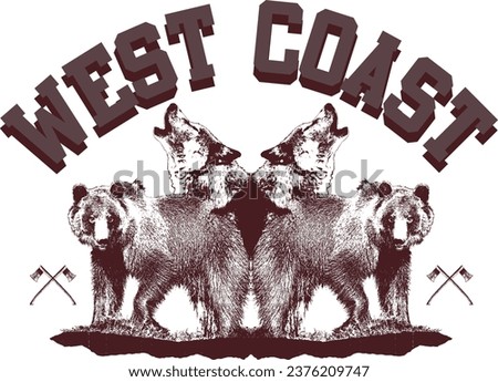 GRIZZLY BEAR AND WOLF ROARING WITH AXE AND TYPOGRAPHY WEST COAST GRAPHIC DESIGN VECTOR ILLUSTRATION