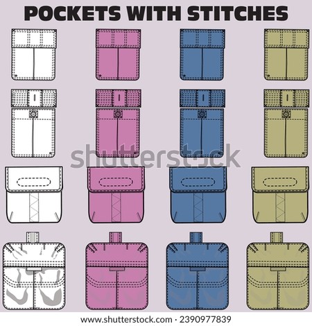 MULTICOLOR  SET OF POCKETS WITH STITCHES FOR MEN WOMEN AND KIDS WEAR GARMENTS AND APPARELS VECTOR ILLUSTRATION