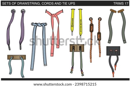 SET OF DRAWSTRINGS, CORDS AND TIE UPS FOR WAIST BAND, BAGS, SHOES, JACKETS, SHORTS, PANTS, DRESS GARMENTS, DRAWCORD AGLETS FOR CLOTHING AND ACCESSORIES VECTOR ILLUSTRATION