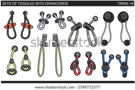 SET OF CORDS WITH TOGGLE STOPPERS FOR WAIST BAND, BAGS, SHOES, JACKETS, SHORTS, PANTS JOGGERS, TRACK PANTS, DRAWCORD AGLETS FOR CLOTHING AND ACCESSORIES VECTOR ILLUSTRATION