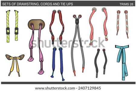 SET OF DRAWSTRINGS, CORDS AND TIE UPS FOR WAIST BAND, BAGS, SHOES, JACKETS, SHORTS, PANTS, DRESS GARMENTS, DRAWCORD AGLETS FOR CLOTHING AND ACCESSORIES VECTOR ILLUSTRATION