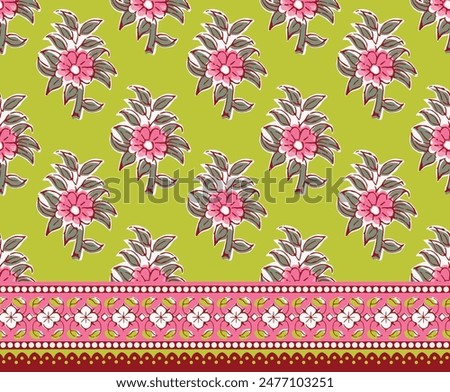 SPRIG FLORAL BLOCK PRINT WITH BORDER SEAMLESS PATTERN VECTOR ILLUSTRATION