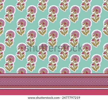 INDIAN TRADITIONAL FLORAL SANGANERI BLOCK PRINT WITH BORDER SEAMLESS PATTERN VECTOR ILLUSTRATION