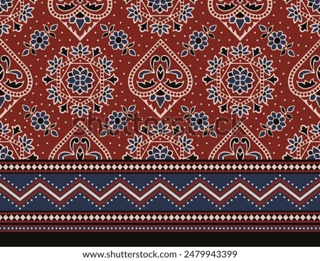 HAND DRAWN FLORAL JAIPUR PRINT SEAMLESS PATTERN WITH SEAMLESS BORDER ALL OVER PRINT VECTOR ILLUSTRATION