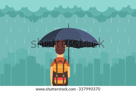 Flat Character with Umbrella Under the Rain. Big City Silhouette on the Background. Vector Illustration